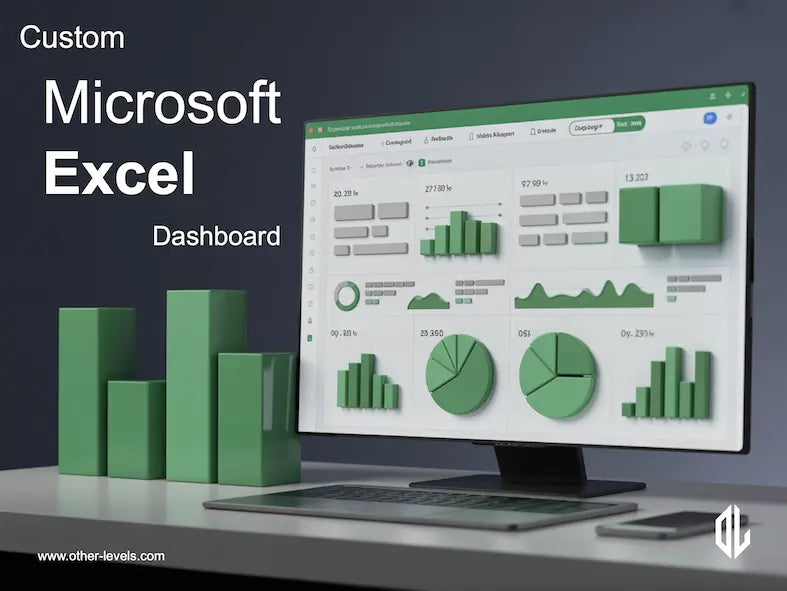 Custom Microsoft Excel Dashboard with green charts and graphs on a computer screen.