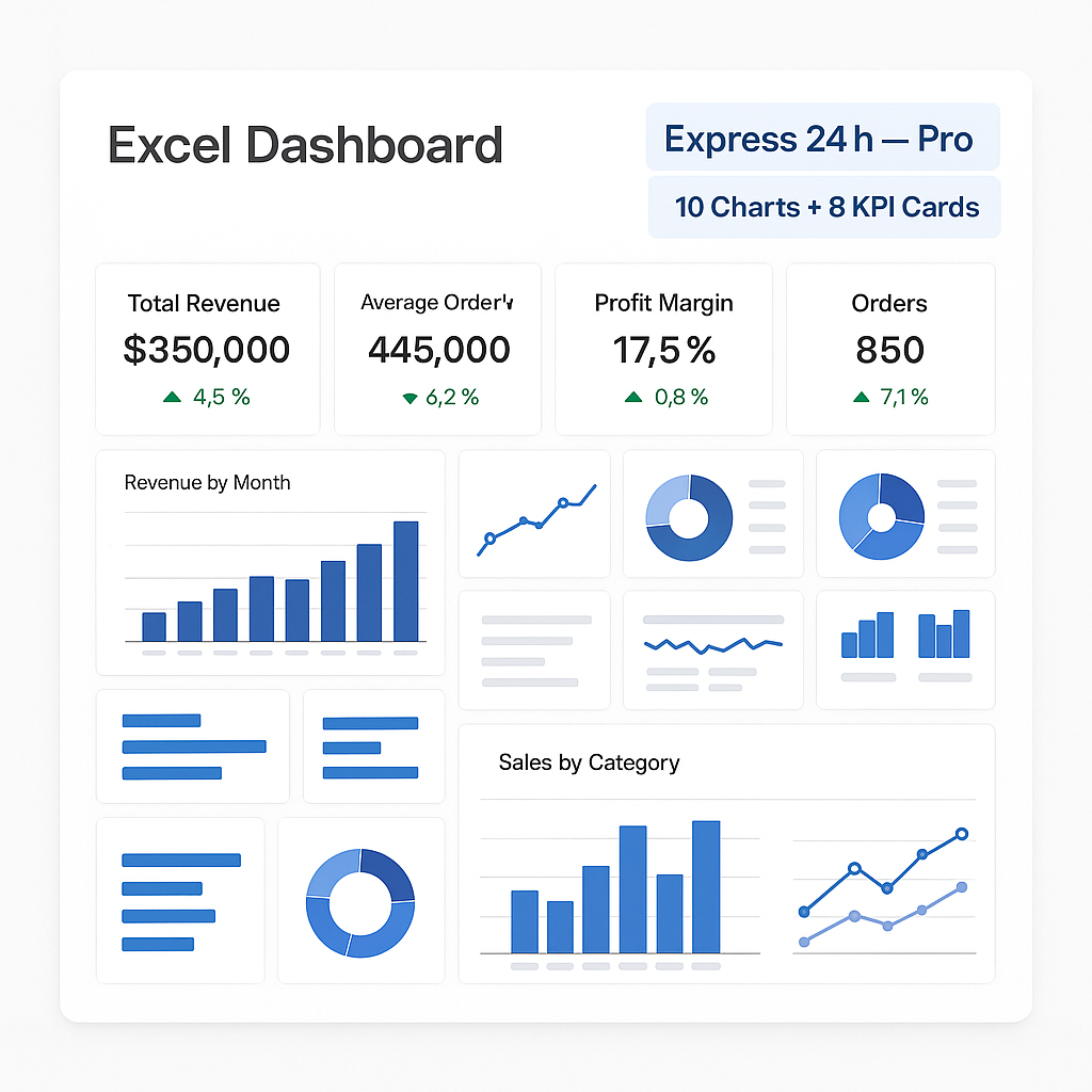 Excel Dashboard with financial metrics and charts on a white background