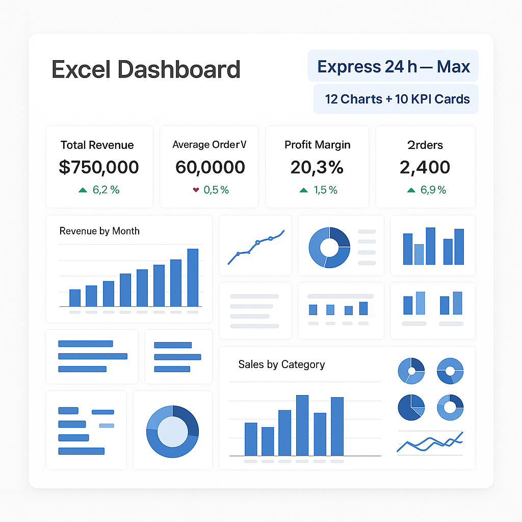 Excel Dashboard with various charts and statistics on a white background