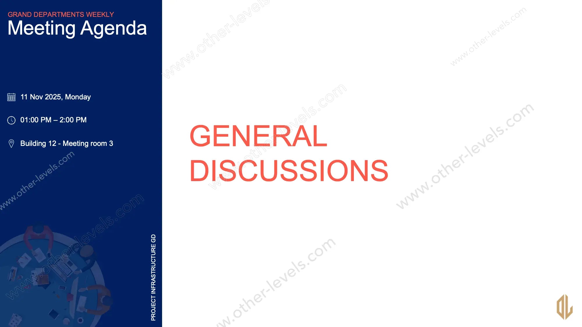 Professional meeting agenda template in PowerPoint with color-coded sections