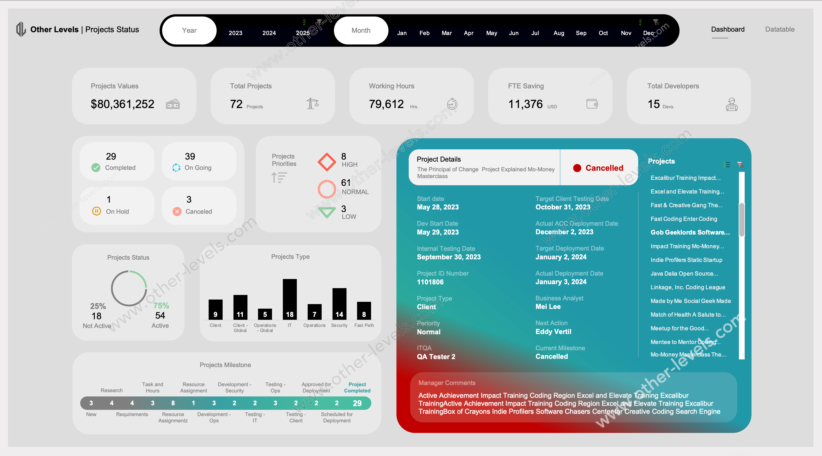 Excel project control dashboard tracking KPIs, status, milestones and capacity