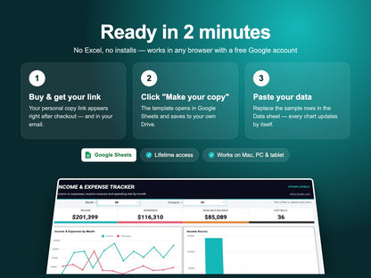 How the Income & Expense Tracker – Google Sheets Template works – make a copy in Google Drive