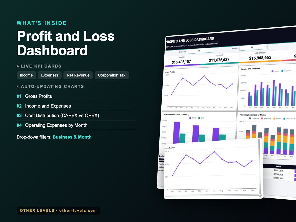 Profit and Loss Dashboard – Google Sheets Template – what's inside: KPIs, charts and filters