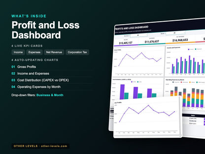 Profit and Loss Dashboard – Google Sheets Template – what's inside: KPIs, charts and filters