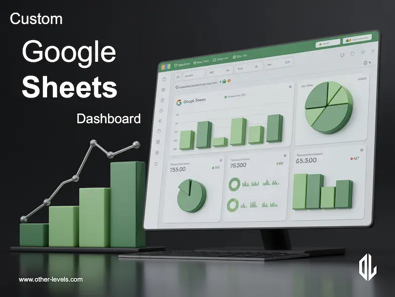 Computer monitor displaying a Google Sheets dashboard with green charts and graphs on a dark background.