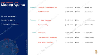 Meeting agenda template PowerPoint slide showing schedule and presenters
