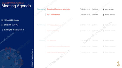 Team meeting agenda template showing departments, schedule, and presenters