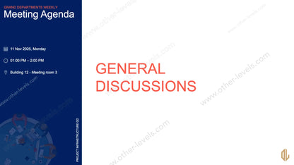 Professional meeting agenda template in PowerPoint with color-coded sections