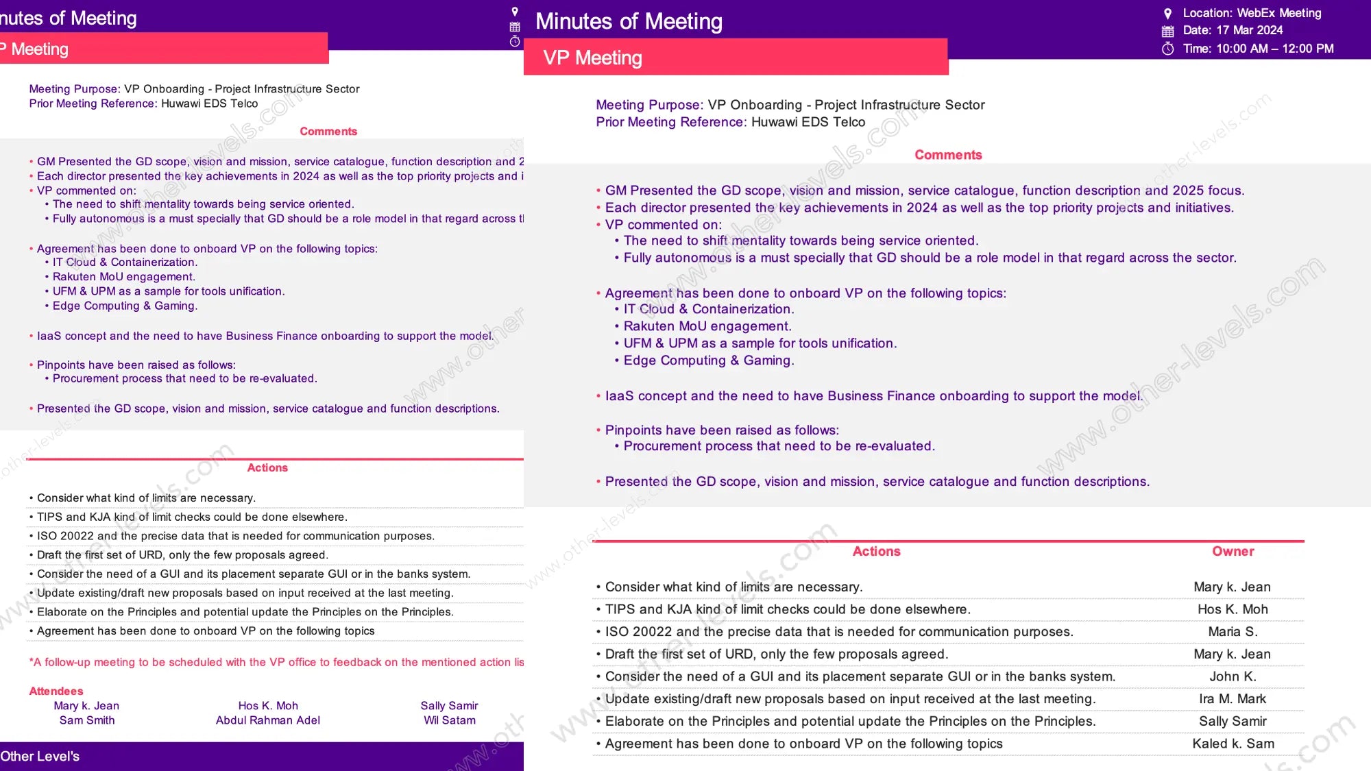 Minutes of Meeting Template with action points and attendees list