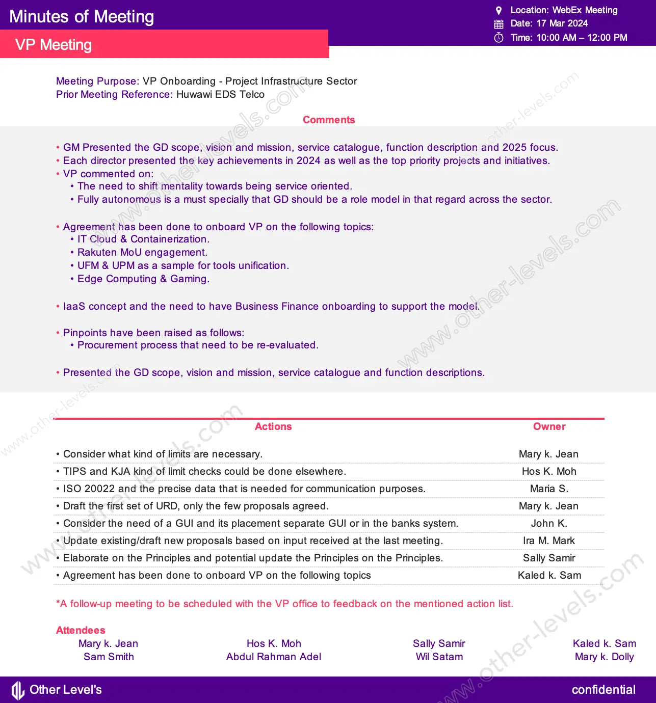 Meeting Minutes Template showing comments, tasks, and owner details