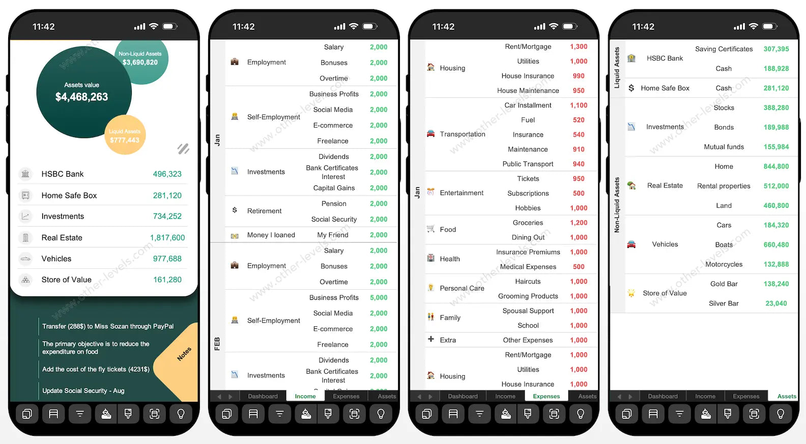 Excel Dashboard showing income and expense tracker cards on mobile