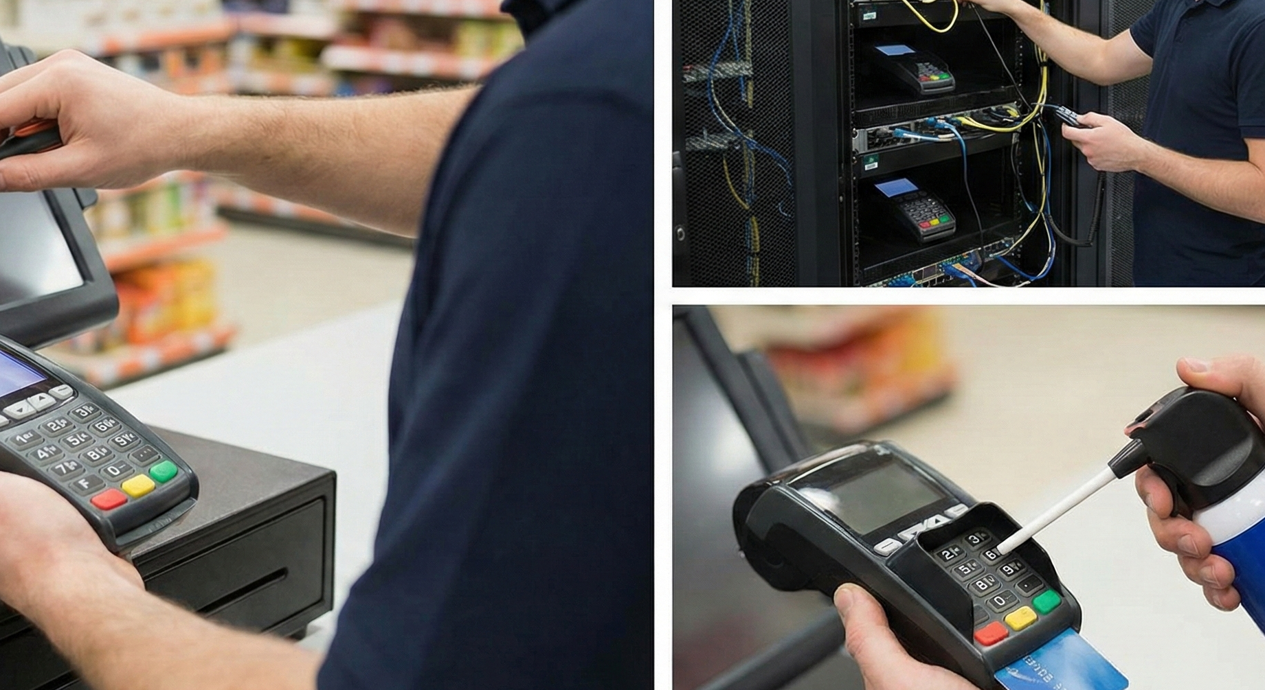 Collage of a person using a POS system, a person working on network equipment, and a person holding a card reader.