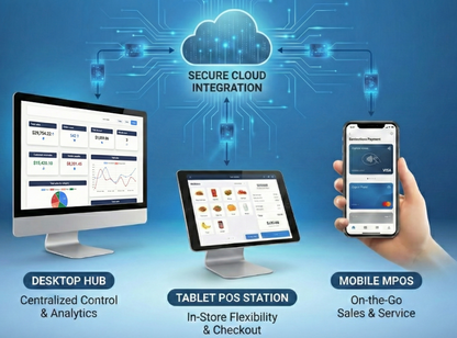 POS system Technological setup with computer, tablet, and smartphone on a blue background with cloud integration.