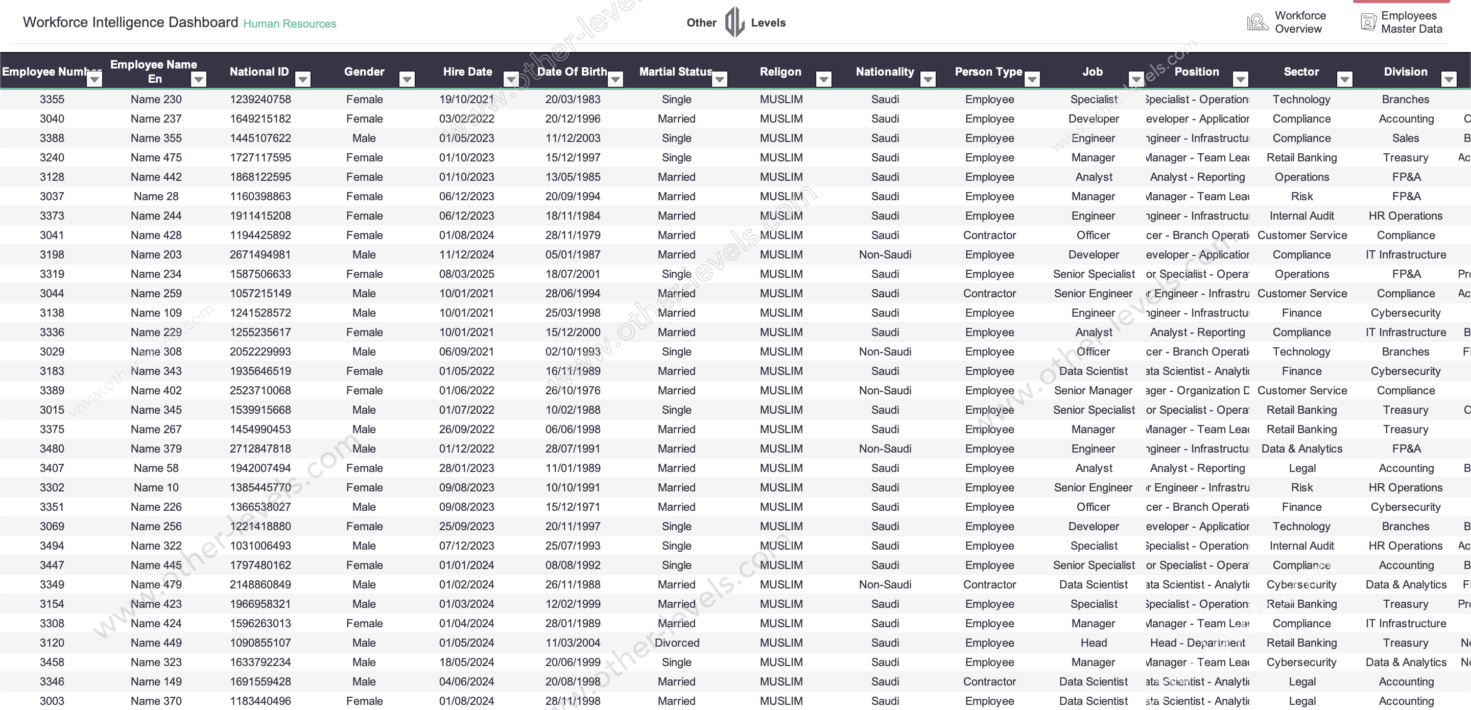 Workforce intelligence Excel dashboard template showing HR headcount analysis hiring trends departments workforce demographics and HR analytics dataset