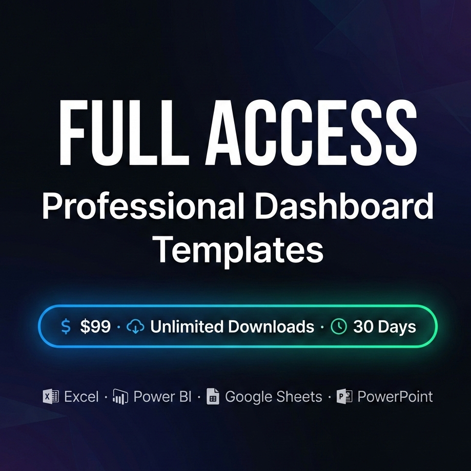 Promotional graphic for full access to professional dashboard templates with pricing and features on a dark background.