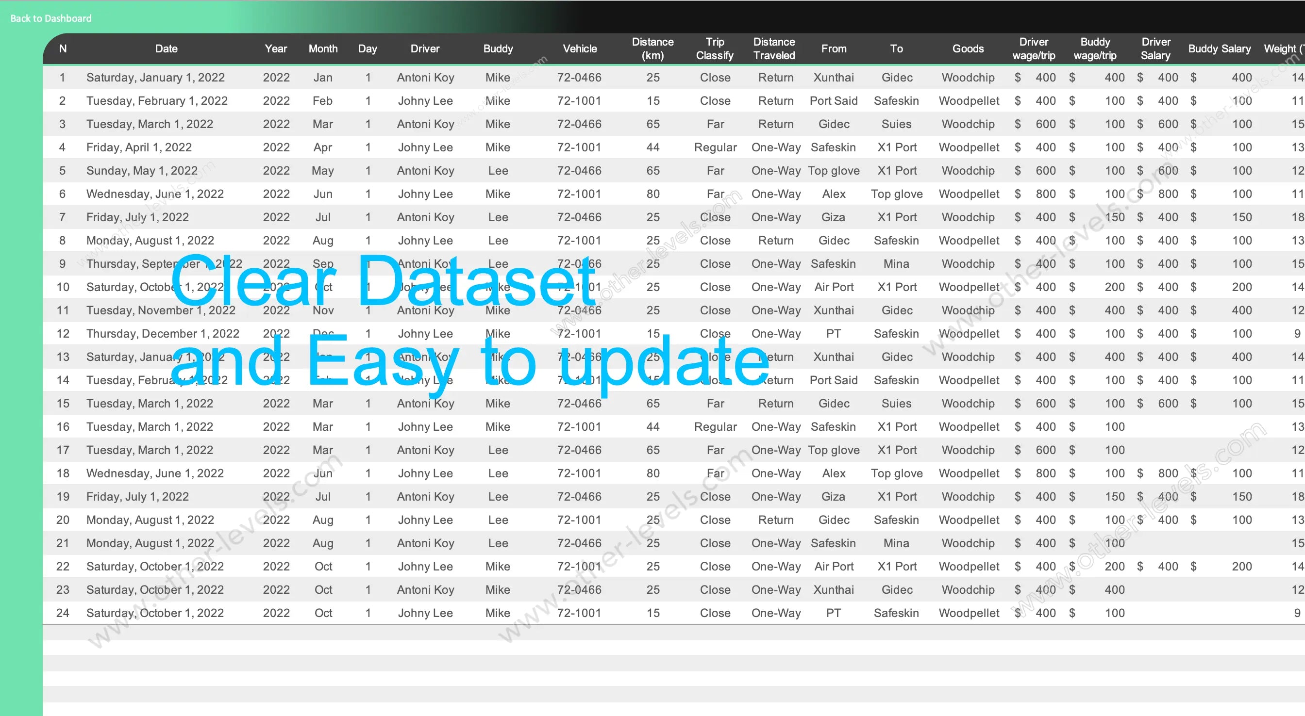 Excel Dashboard tracking trips by month with distance and activity line chart