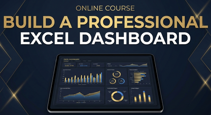 Online course advertisement for building a professional Excel dashboard with a tablet displaying charts on a dark background.