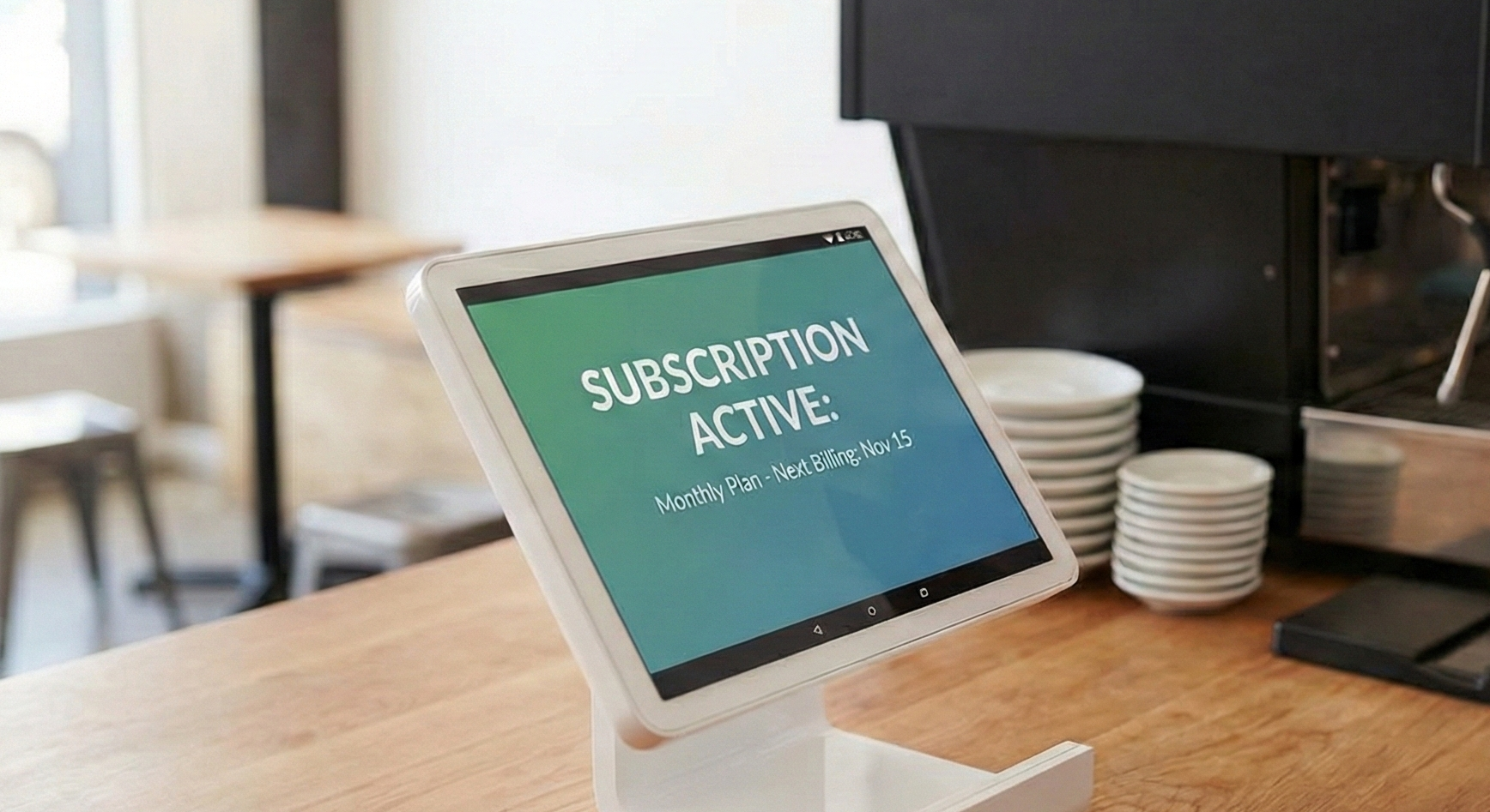 Tablet displaying 'Subscription Active' on a stand in a coffee shop setting with a coffee machine.
