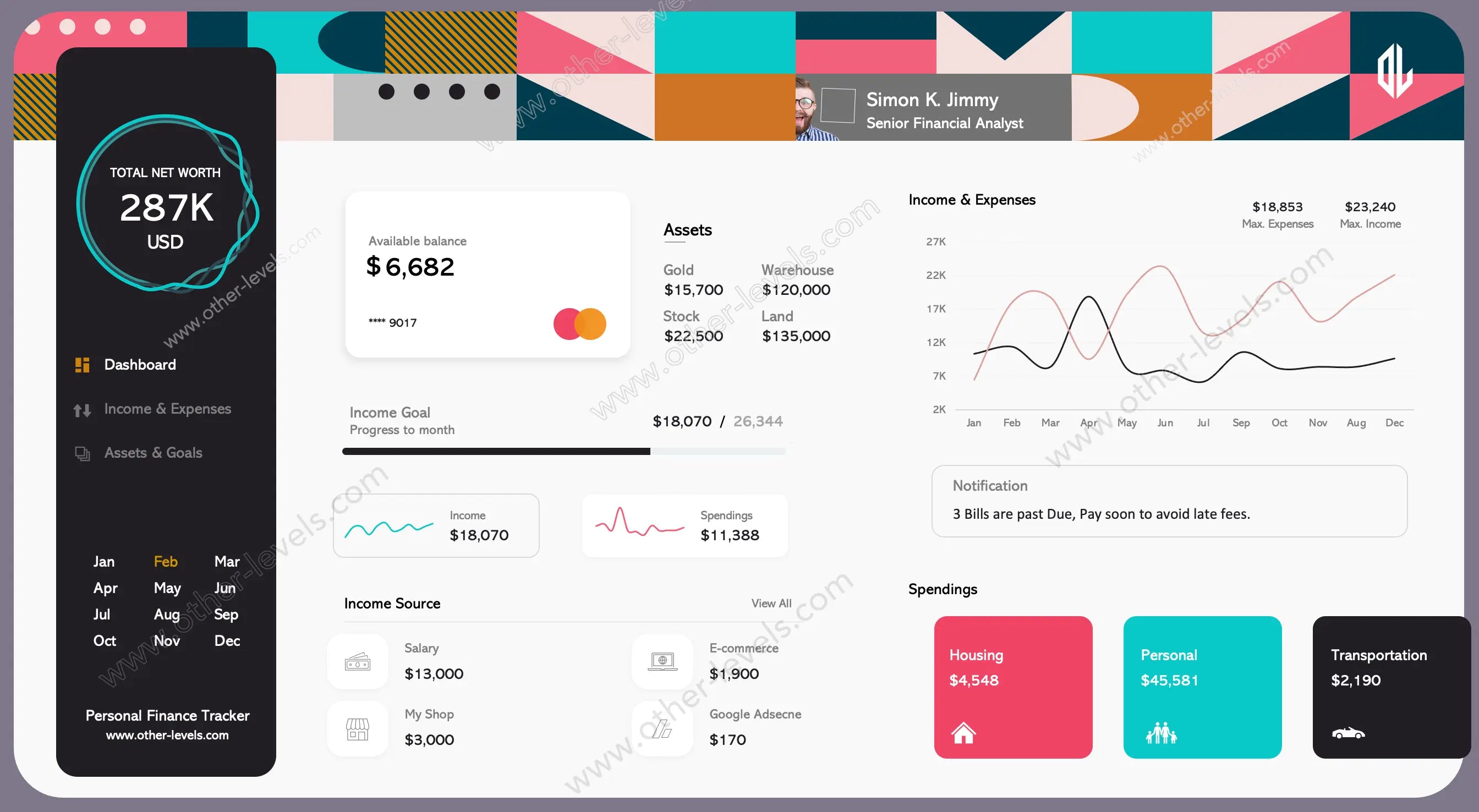 Animated Excel personal finance dashboard showing net savings and pie chart