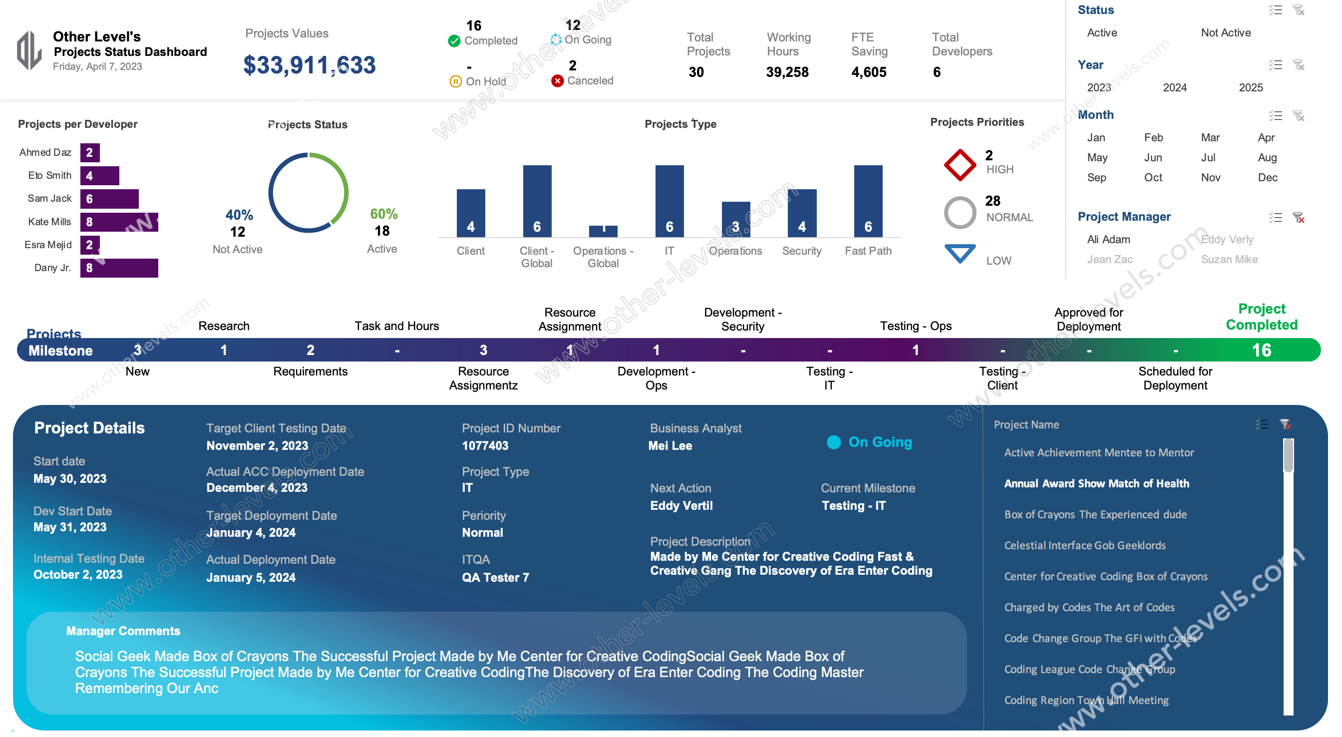 Projects Status and Details excel Dashboards template